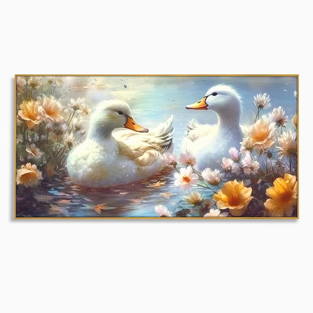 Tablou canvas cu tablou canvas cu rate pe lac, in rama de aluminiu auriu